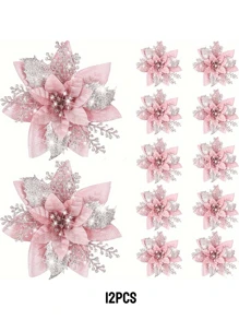 12pcs Christmas Tree Flower -5.7-Inch Pink Poinsettia Decoration, Plastic, Feather Free, Reusable Holiday Decoration, Universally Suitable For Holiday Decoration. Home Decor Christmas Decorations Room Decor - Multicolor - View 9