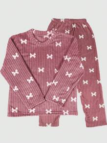Set de 2 piezas de pijama de pana y felpa de coral con lazo, ropa de dormir con estampado sencillo para invierno, conjunto de dos piezas, vacaciones