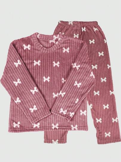 Set Coral Fleece Flannel Bow Top Pants Fluffy Pajama Set, Print Sleepwear Two Pieces Fall Clothes, Cozy view 6