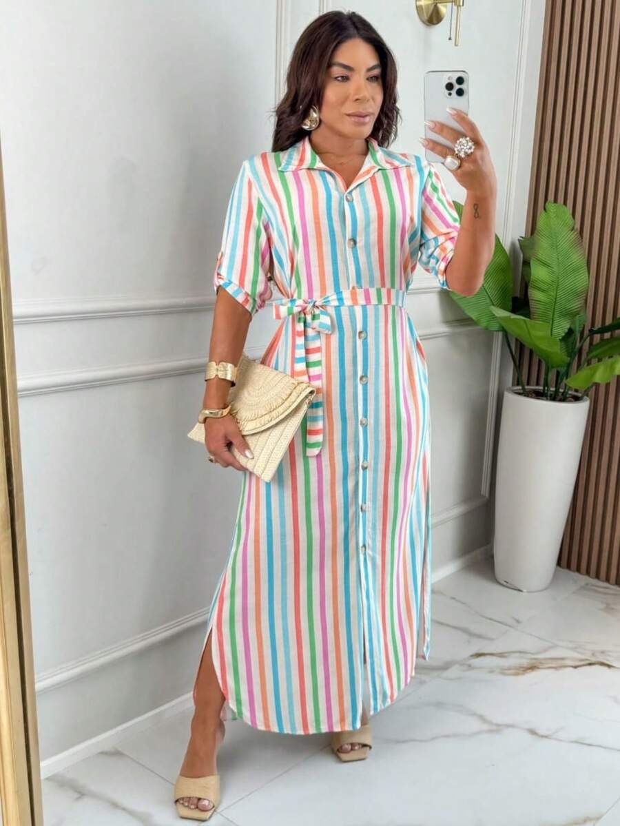 LONG 3/4 SLEEVE CHAMISE, STRIPED MULTICOLOR SHIRT DRESS - 淺藍色 - 查看 1