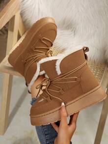 女士天鹅绒加厚保暖雪地靴，2024秋冬新款中筒短靴，冬季时尚毛绒装饰厚底鞋，休闲舒适办公家居鞋，时尚公主风 - 棕色 - 查看 4
