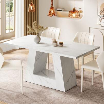 LITTLE TREE Modern Faux Marble Dining Table For 4 To 6 People, 63-Inch Rectangular Dining Room Table Dinner Table For Kitchen, Living Room