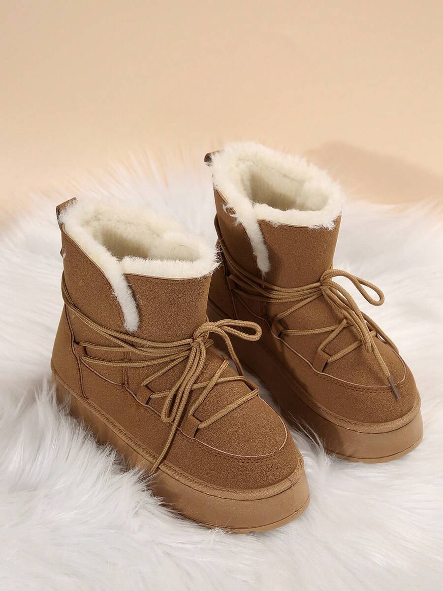 女士天鹅绒加厚保暖雪地靴，2024秋冬新款中筒短靴，冬季时尚毛绒装饰厚底鞋，休闲舒适办公家居鞋，时尚公主风 - 棕色 - 查看 1