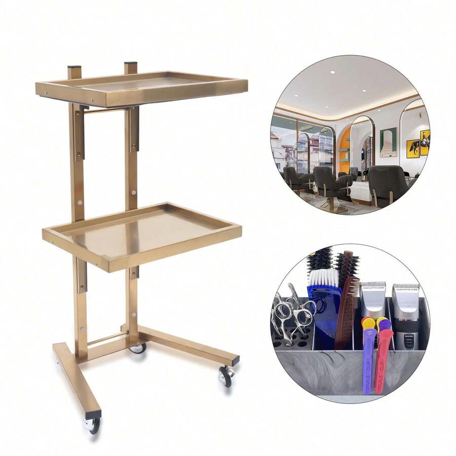 OUKANING 2Tier Beauty Salon Spa Foldable Tray Trolley Gold Rolling