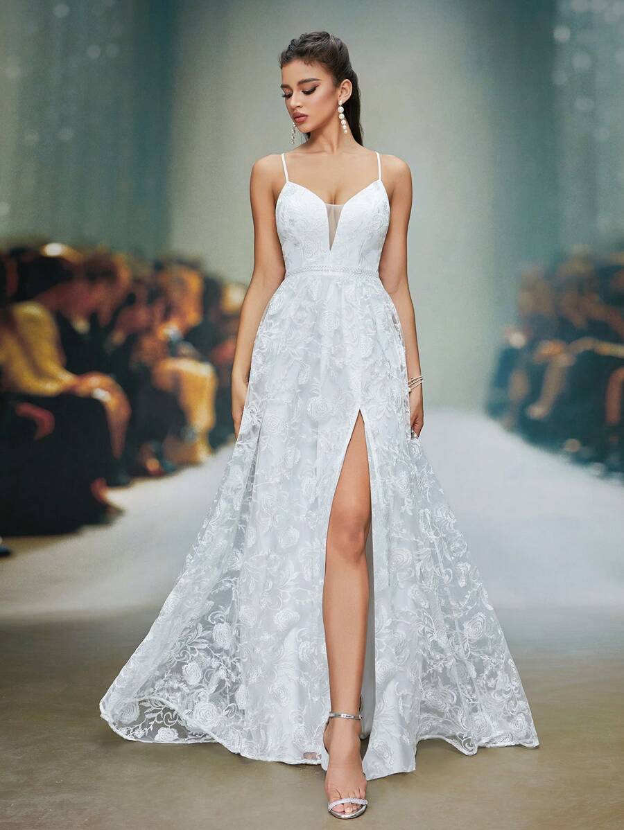 Anpoket Mới Về Cổ Chữ V Đầm Cưới Thêu Ren Xẻ Cao Ngắn Phía Trước Và Dài Phía Sau Đầm Dài - trắng - Xem 1