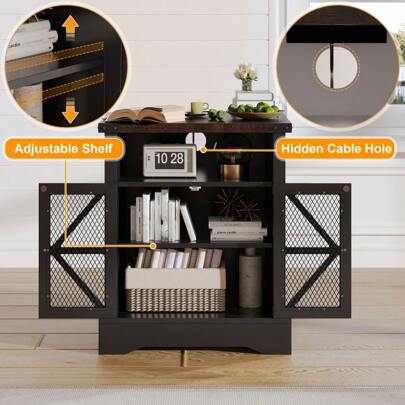 Mesh Barn Door Bedside Table, Large Sofa Side Table With Open Compartments And Barn Door, Farmhouse End Table With Adjustable Partitions