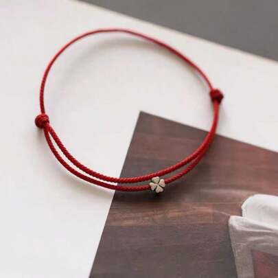 1pc Elegant Boho-Chic Adjustable Red Rope Bracelet With Four-Leaf Clover Charm -, Perfect For Casual Attire & Gifting