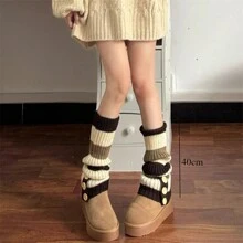 1 双针织拼布腿套，复古条纹小腿纽扣腿套，简约设计，适合秋冬季女士配饰