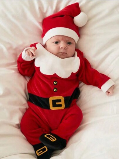 2pcs Baby Boy Santa Claus Long Sleeve Romper & Hat Set, Children Outfits, Suitable For Spring, Autumn & Winter