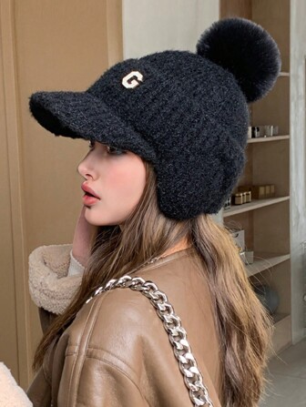1pc Women Outdoor Cycling Warm Winter Knitted Fur Lining G Letter Plain Color Windproof Earflap Hat, Suitable For Snow Sports And Daily Use