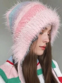 1pc Women Ombre Fluffy Knit Beanie Hat,Thick Soft Plush Warm Ear Protection Winter Headwear, Reversible Hat, Adorable Colored Knitted Cap