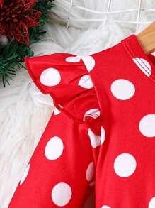 Vestido de Natal para meninas com decote redondo e babados, manga comprida, Papai Noel, estampa de bolinhas - Multicolorido - Ver 4