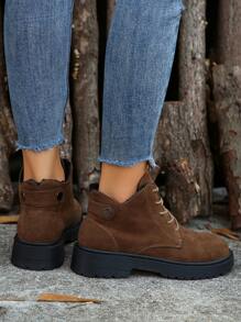 Stivali corti invernali da donna con fodera termica, comodi e caldi, in colore unito, lacci, per uso casual all'aperto, di colore marrone