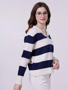 FFRJJ Navy Collar Striped Pullover - 藍色 - 查看 3