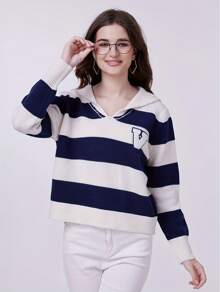 FFRJJ Navy Collar Striped Pullover - 藍色 - 查看 1