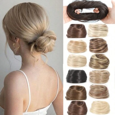 1PC Straight Hair Buns Chignon Ponytail Hairpiece Synthetic Updo Donut Hair Extensions Flexible Elastic Rubber Band Blonde Brown 3 Inch Fluffy Stretchy  Hairpieces For Women