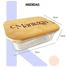 Manteigueira Vidro com Tampa Hermética de Bambu Exclusiva Resistente