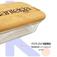 Manteigueira Vidro com Tampa Hermética de Bambu Exclusiva Resistente