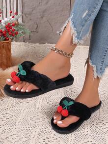 Women's Fluffy Indoor Slippers, Fashionable Leopard Print Flip-Flops For Home - Black - View 4