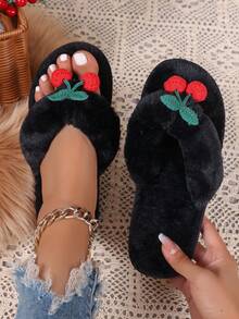 Women's Fluffy Indoor Slippers, Fashionable Leopard Print Flip-Flops For Home - Black - View 3