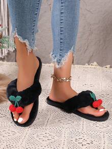 Women's Fluffy Indoor Slippers, Fashionable Leopard Print Flip-Flops For Home - Black - View 7