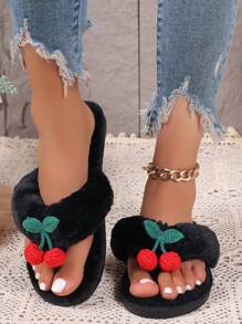 Women's Fluffy Indoor Slippers, Fashionable Leopard Print Flip-Flops For Home - Black - View 2