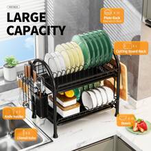 Escurridor de platos de 2 niveles con marco tubular redondo, soporte de platos para gabinete de cocina - Negro - Ver 5