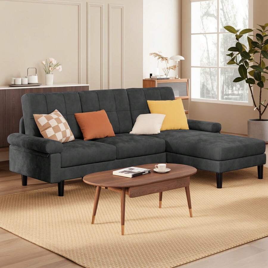 82" L - Shape Sectional  Sofa De Sala Couch With Removable Armrest & Pillow, 3 Seat Futon Sofa Cama With Soft Upholstered, Soft Velvet  For Living Room , Bedroom  Room ,Apartment And Office - 黑色 - 查看 1