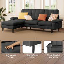 82" L - Shape Sectional  Sofa De Sala Couch With Removable Armrest & Pillow, 3 Seat Futon Sofa Cama With Soft Upholstered, Soft Velvet  For Living Room , Bedroom  Room ,Apartment And Office - 黑色 - 查看 4