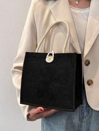 亚麻纯色米色手提手提袋购物袋，适合女性、约会、返校、海滩、通勤、野餐、露营等