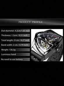 T-WINNER 1 件时尚运动三角形镂空自动机械表男士夜光指针不锈钢表带商务休闲男士腕表礼物 - 黑色 - 查看 3