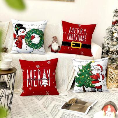 4pcs Christmas Theme Pillow Cover, Merry Christmas, Christmas Reindeer & Snowflake Decor Cushion Cover, Suitable For Christmas Living Room Bedroom Sofa Decoration, Pillow Insert Not Included,Christmas