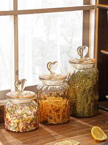 1 个玻璃密封罐，创意心形储物罐，琥珀色零食/糖果罐带盖，适合家庭使用。 - 棕色 - 查看 5