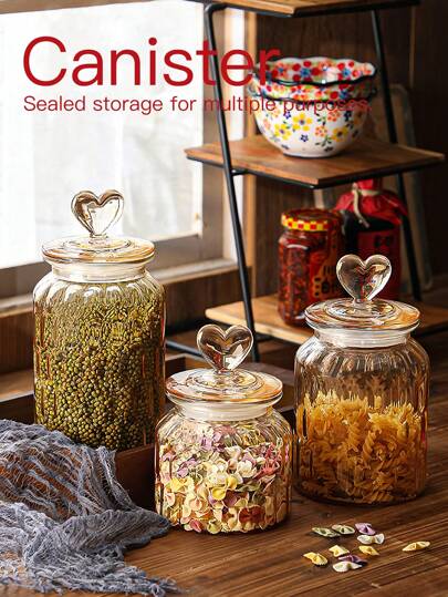 1pc Glass Sealed Jar, Creative Heart Shaped Storage Jar, Amber Color Snack/Candy Jar With Lid, Suitable For Home Use.