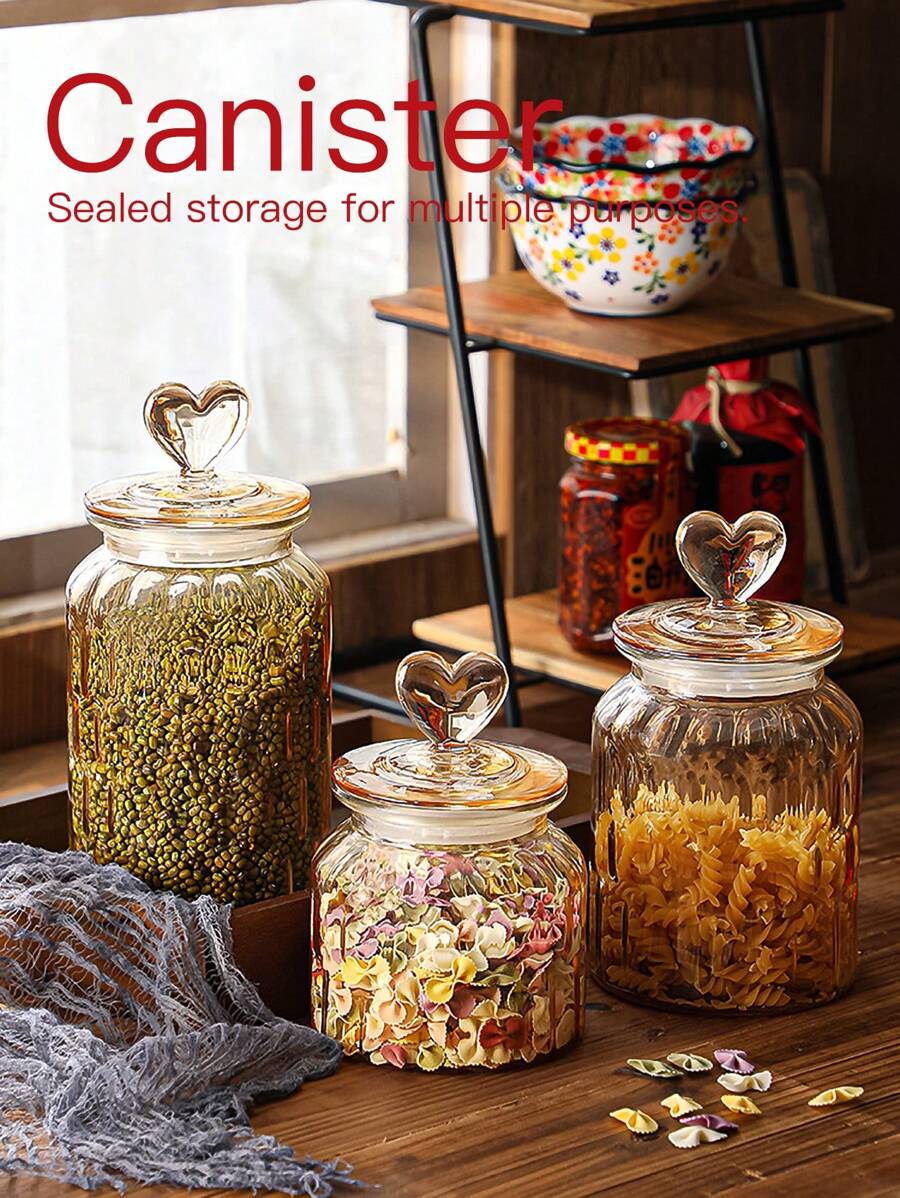 1 个玻璃密封罐，创意心形储物罐，琥珀色零食/糖果罐带盖，适合家庭使用。 - 棕色 - 查看 1