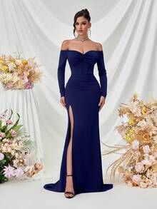 ADYCE Off Shoulder, Sweetheart Neckline, Long Sleeve, Front Slit, Backless Formal Party Evening Gown Dress (Deluxe Version) For Women, Elegant Prom Dress, For Wedding Guest, Graduation, Dinner