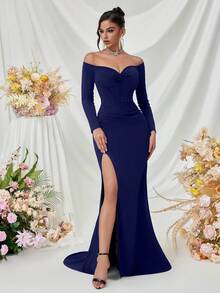 ADYCE Off Shoulder, Sweetheart Neckline, Long Sleeve, Front Slit, Backless Formal Party Evening Gown Dress (Deluxe Version) For Women, Elegant Prom Dress, For Wedding Guest, Graduation, Dinner