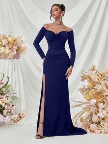ADYCE Off Shoulder, Sweetheart Neckline, Long Sleeve, Front Slit, Backless Formal Party Evening Gown Dress (Deluxe Version) For Women, Elegant Prom Dress, For Wedding Guest, Graduation, Dinner