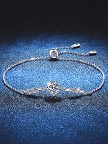 1 chiếc vòng tay bạc Sterling 925 thanh lịch dành cho nữ, vòng tay 4 chấu có thể điều chỉnh với đá Moissanite 1CT màu D, quà tặng trang sức tiệc và cưới - Bạc - Xem 1