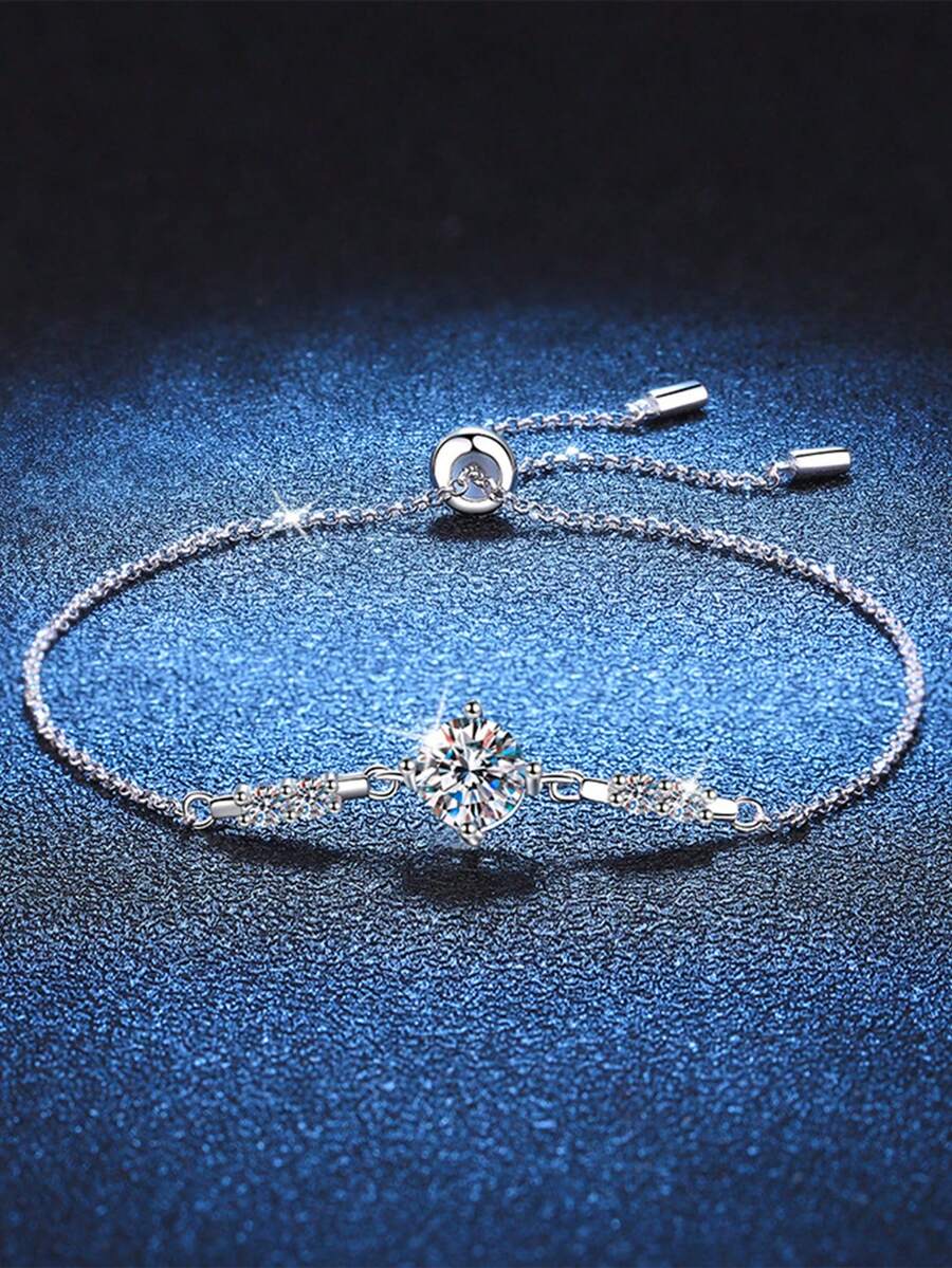 1 chiếc vòng tay bạc Sterling 925 thanh lịch dành cho nữ, vòng tay 4 chấu có thể điều chỉnh với đá Moissanite 1CT màu D, quà tặng trang sức tiệc và cưới - Bạc - Xem 1