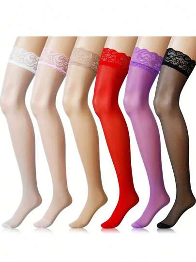 1 双，性感女士红色长筒袜，蕾丝花边大腿高筒袜，黑色及膝高筒袜，女士袜类，及膝高筒袜，适合日常、约会、派对、圣诞节、万圣节、情人节，送给女士的礼物，适合俱乐部、夜间外出、约会、表演、新婚之夜 - 性感长筒袜和紧身裤