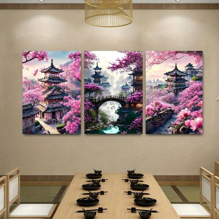 Tranh treo tường 3 mảnh bằng vải canvas - Tranh in hình hoa anh đào truyền thống Nhật Bản, màu sắc rực rỡ, phù hợp trang trí phòng ngủ, văn phòng, phòng khách, quán cà phê, quán bar, ký túc xá - Món quà hoàn hảo cho người yêu nghệ thuật, tranh treo tường, quà tặng poster, quà sinh nhật, quà tốt nghiệp. - Nhiều màu - Xem 1