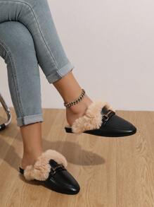 女士简约风格春秋新款休闲优雅穆勒平底鞋，金属装饰一脚蹬乐福鞋，毛皮鞋 - 黑色 - 查看 3