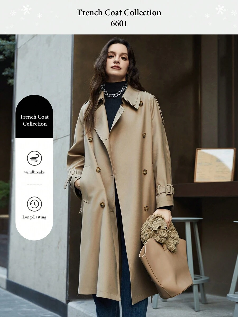 女士双排扣翻领长袖风衣