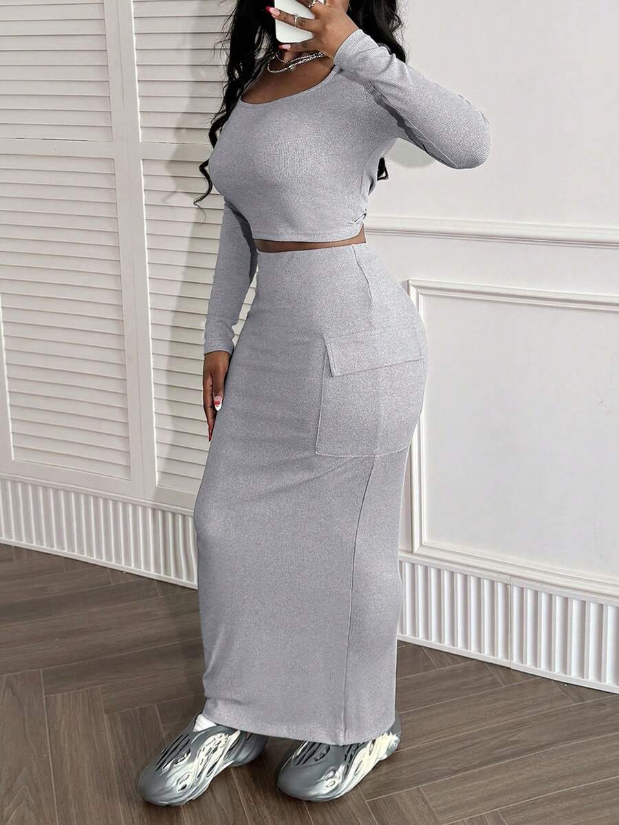 LovelyWholesale Bộ váy dài bó sát cổ vuông đơn giản giản dị dành cho nữ và túi bên hông mùa xuân hè - Xám - Xem 1