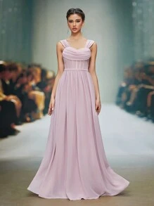 High-End Spaghetti Strap Chiffon Pearls Chain See-Through Flowy Back Bridesmaid Evening Dress - Pink - View 6