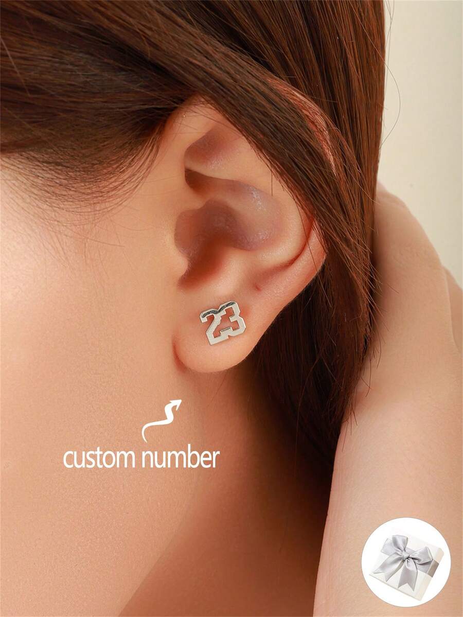 1 Cặp Hoa tai số tối giản tùy chỉnh, Hoa tai số cá nhân hóa, Hoa tai số kỷ niệm hàng ngày, Quà tặng phụ kiện phong cách đơn giản cho phụ nữ, Quà tặng sinh nhật, Quà tặng ngày lễ tình nhân, Quà tặng Giáng sinh - Bạc - Xem 1