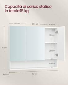VASAGLE Armadietto Bagno con Ante a Specchio, Mobiletto Pensile Bagno, Mobile Specchiera da Parete, Scomparto Aperto, Ripiani Regolabili, 16,5 x 90 x 75 cm, Bianco Nuvola