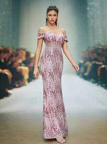 A High-End Graduation Dress With Off-The-Shoulder Embroidery Sequins And A Split Front ,Party Dress,Gown,Formal,Evening,Wedding Guest - Pink - View 5