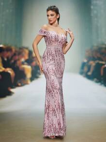 A High-End Graduation Dress With Off-The-Shoulder Embroidery Sequins And A Split Front ,Party Dress,Gown,Formal,Evening,Wedding Guest - Pink - View 4